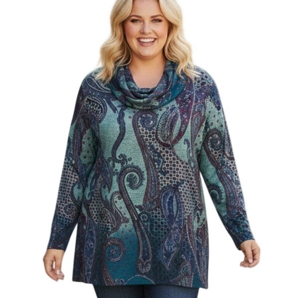 Avenue Paisley Cowl Neck Top Womens Womens Size 18/20 Teal Multicolor Tunic